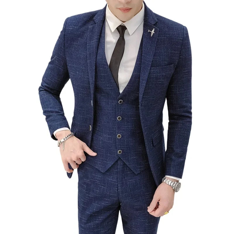 Suit New Style (Blazer+ Vest + Pants) Men's Fashion Business Outdoor Trend Striped Casual Slim-fit Wedding Host Gentleman's Suit