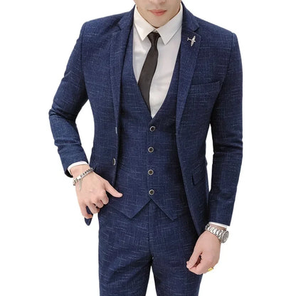 Suit New Style (Blazer+ Vest + Pants) Men's Fashion Business Outdoor Trend Striped Casual Slim-fit Wedding Host Gentleman's Suit