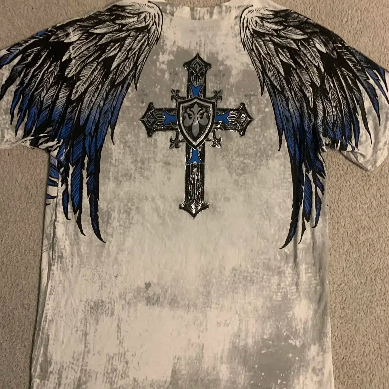 imited Stock Men's Harvester Skull T-Shirt Gothic Wings Cross Print  Vintage Streetwear Soft Breathable FabricL