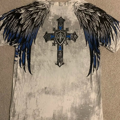 imited Stock Men's Harvester Skull T-Shirt Gothic Wings Cross Print  Vintage Streetwear Soft Breathable FabricL