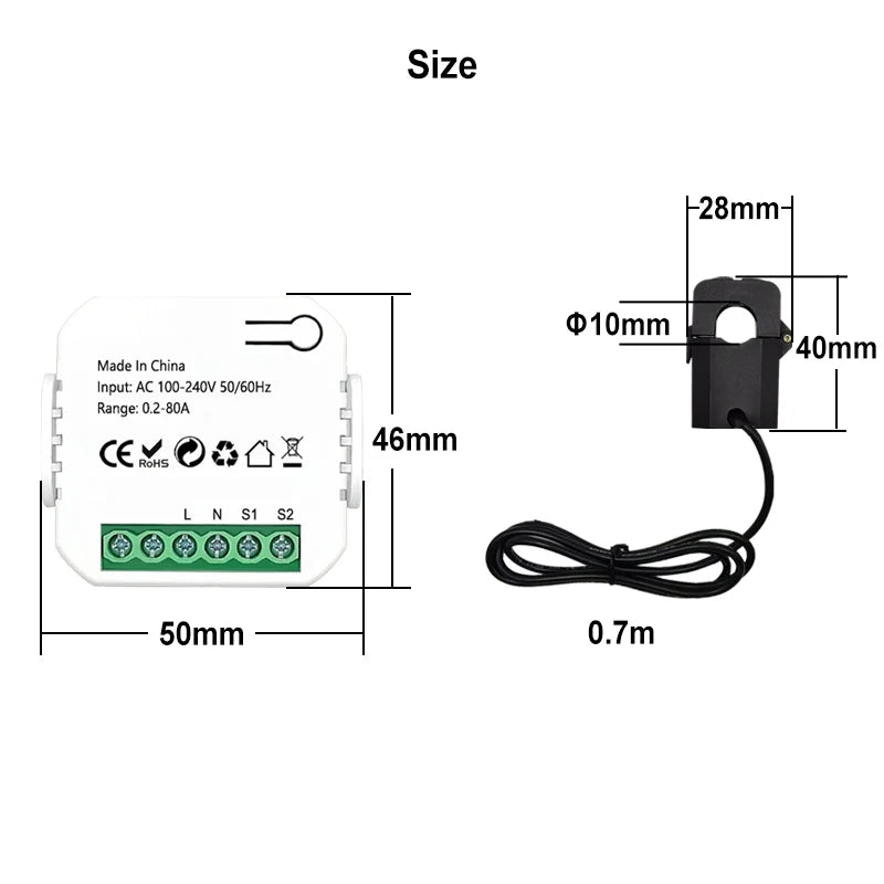 Smart ZigBee Energy Meter 80A with Clamp App Monitor KWh Voltage Current Power Consumption 110V 240V Support ZigBee2MQTT
