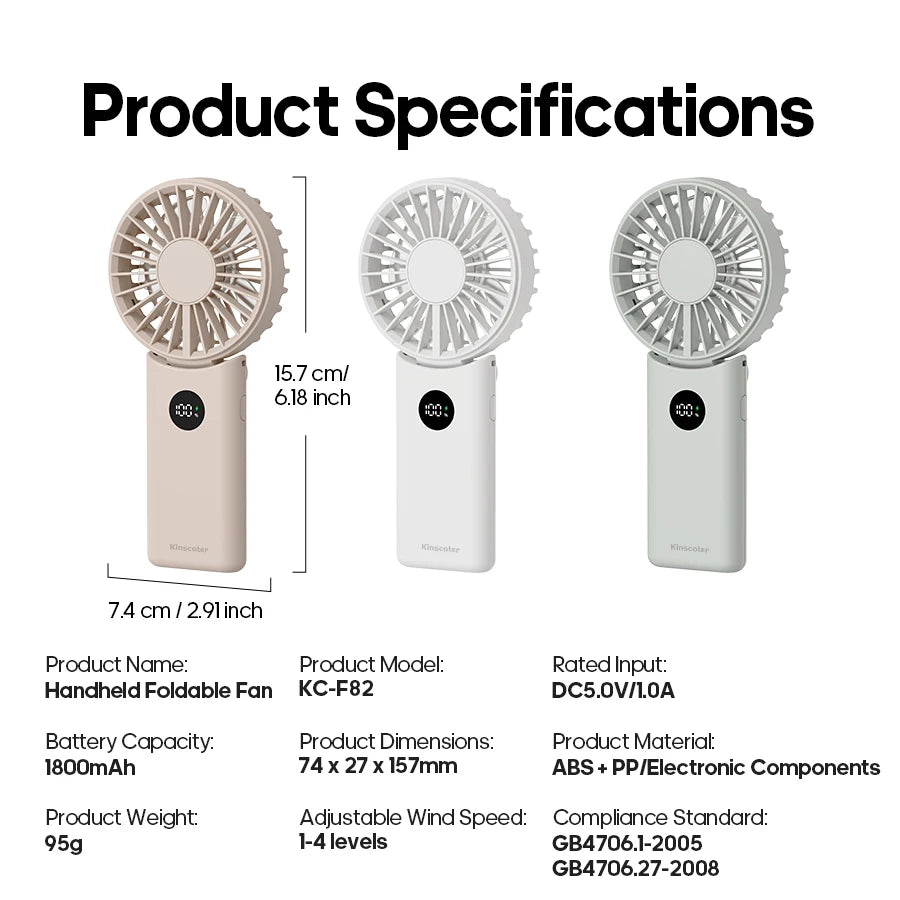 Portable Folding Handheld Fan 1800mAh Desktop Rechargeable Fan 4-speed Wind Angle Adjustable with LED Display for Outdoor Travel
