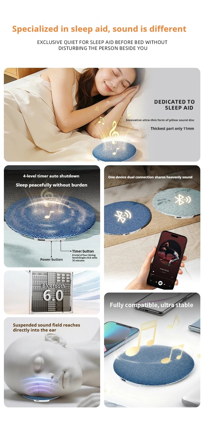 Bluetooth 6.0 Pillow Speaker for Sleeping, Wireless MP3 Music Player for Sleeping Ultra-Thin Under Pillow Sound Machine