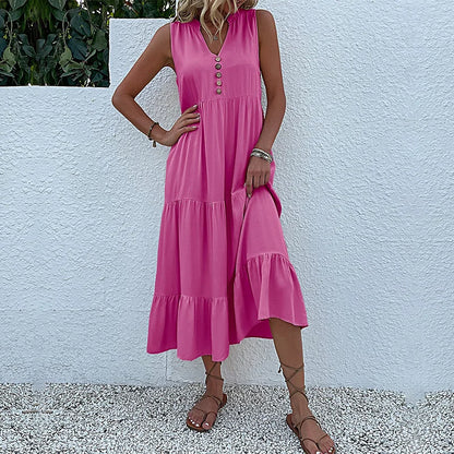 Casual Summer Midi Dress Women Sleeveless Tank V Neck Buttons Ruffle Loose Dresses Beach Soild Sundress Fashion