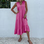 Casual Summer Midi Dress Women Sleeveless Tank V Neck Buttons Ruffle Loose Dresses Beach Soild Sundress Fashion