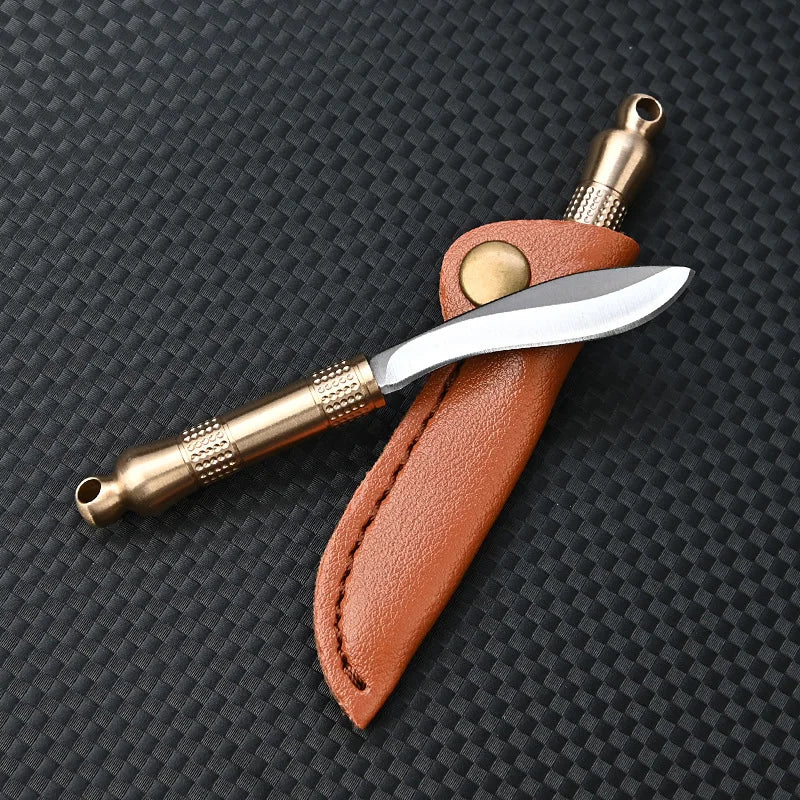 Portable Mini Knife Brass Wood Unboxing Hollow Blade EDC Fixed Blade Leather Cover Cutter Outdoor Surivival Tools Gift