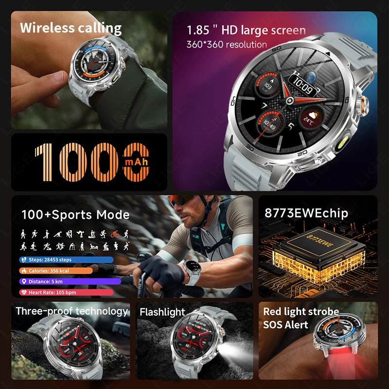 LIGE Nowy Wojskowy Zewnętrzny Inteligentny Zegarek 1,85" AMOLED Bateria 1000mAh 5ATM Wodoodporny Rozmowy Głosowe Sportowa Męska Opaska Fitness