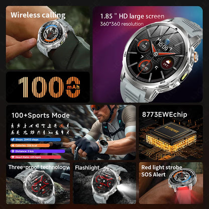 LIGE Nowy Wojskowy Zewnętrzny Inteligentny Zegarek 1,85" AMOLED Bateria 1000mAh 5ATM Wodoodporny Rozmowy Głosowe Sportowa Męska Opaska Fitness
