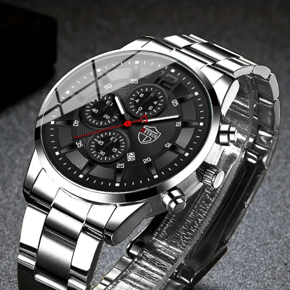 2 PCS/set  Men's Watches Fashion Sports Quartz Alloy Dial Strap Round Dial Quartz Movement Display Date Best Choice for Gift!