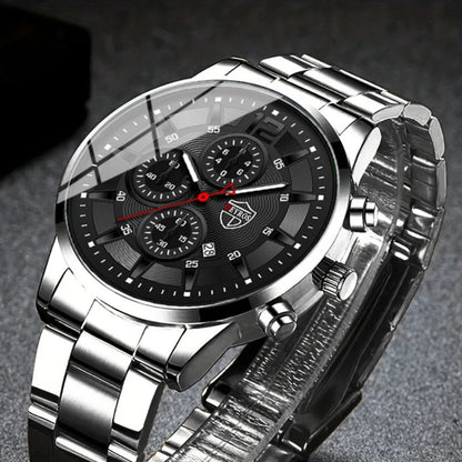 2 PCS/set  Men's Watches Fashion Sports Quartz Alloy Dial Strap Round Dial Quartz Movement Display Date Best Choice for Gift!