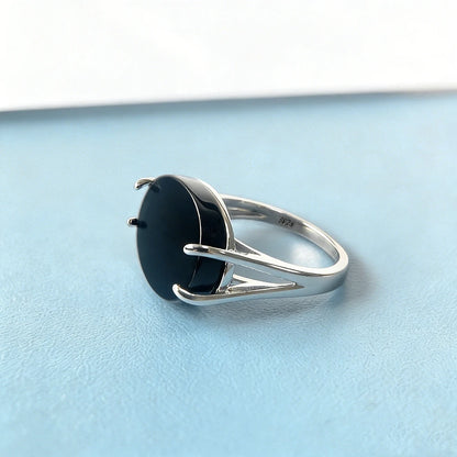 S925 Sterling Silver Natural Large Black Agate Stone Ring 13*18mm Oval Shape Vintage Black Rings Fine Jewelry For Men
