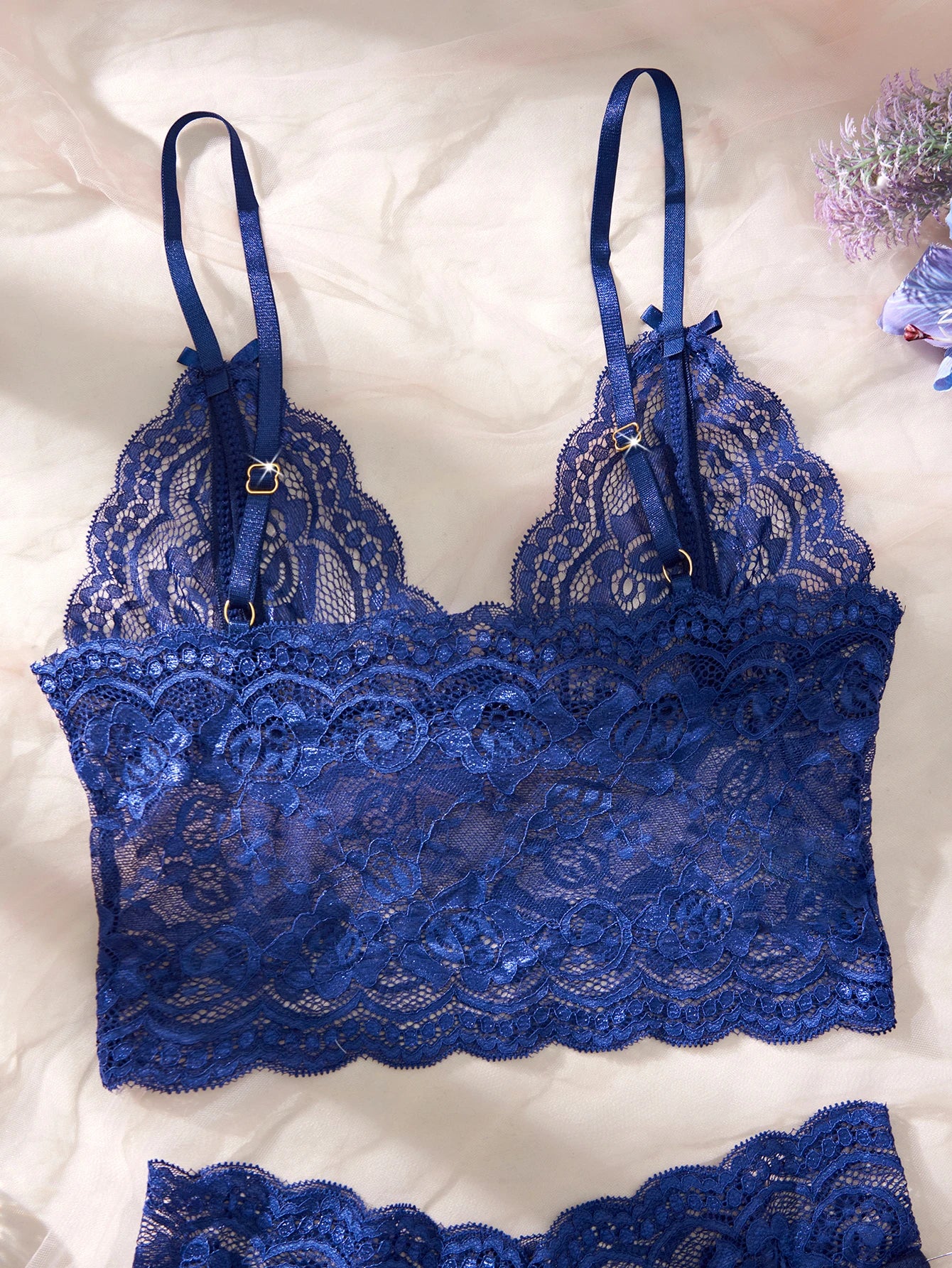 Women Black Open-Back Lace Two-Piece Panties Underwear Sleep Set
