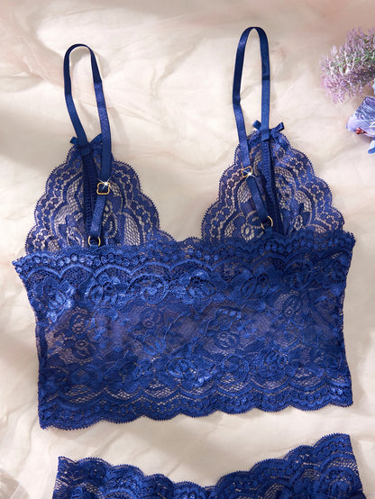 Women Black Open-Back Lace Two-Piece Panties Underwear Sleep Set