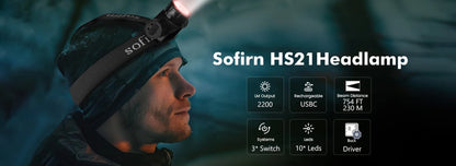 Sofirn HS21 SFT40 LED 2000lm Czerwona Latarka Czołowa 18650 USB C Ładowalna Mocna Latarka z Czujnikiem Podczerwieni