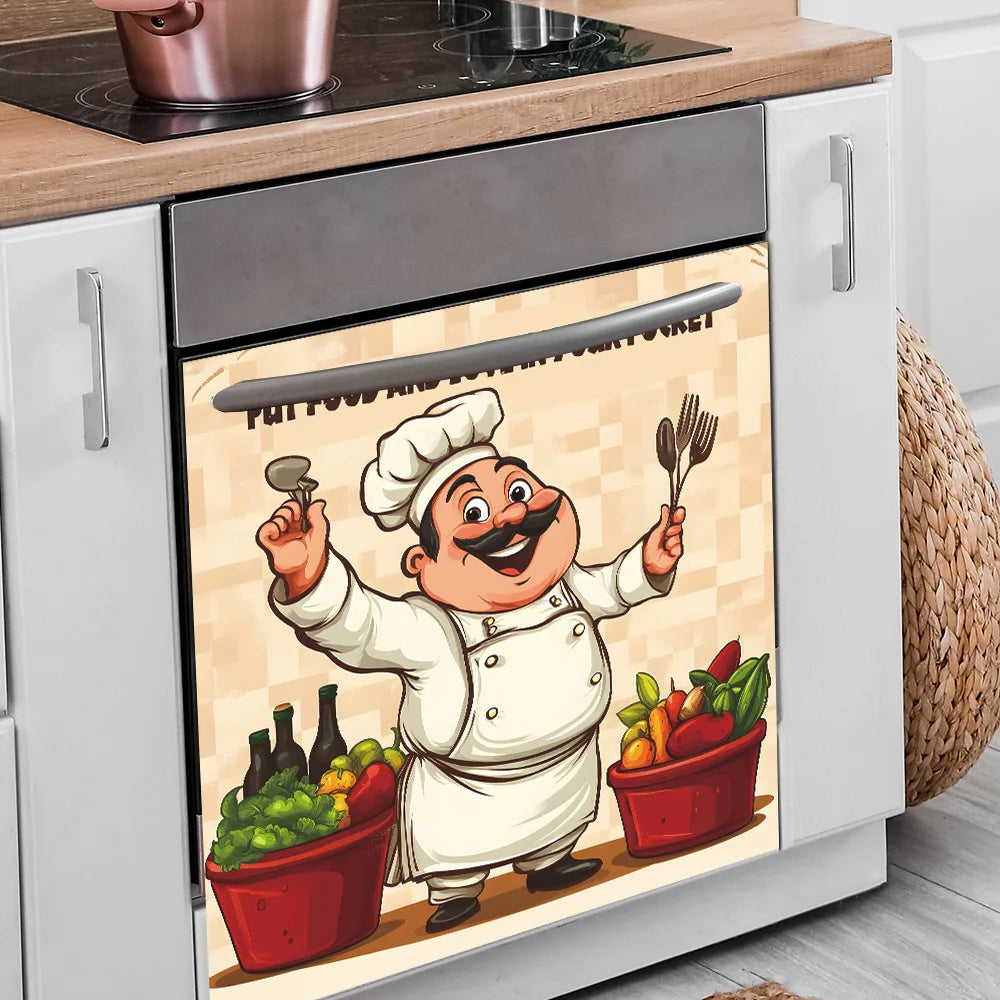 1pcs Laughing Chef Delicious Ingredients Poster Cabinet Dining Room Background Landscaping Wall Sticker Kitchen Decoration