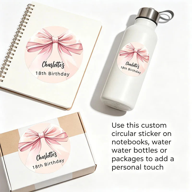 Pastel Pink Base Large Satin Bow Stickers Personalized Name Variety Sizes AvailableElegant Round Labels Gift Box Decor Stickers