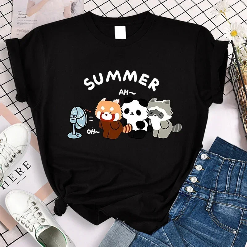 Cartoon Casual Creative T-shirt Vintage Round Neck Clothes Funny Cute Panda Printed T Shirt for Women Summer Sleeve