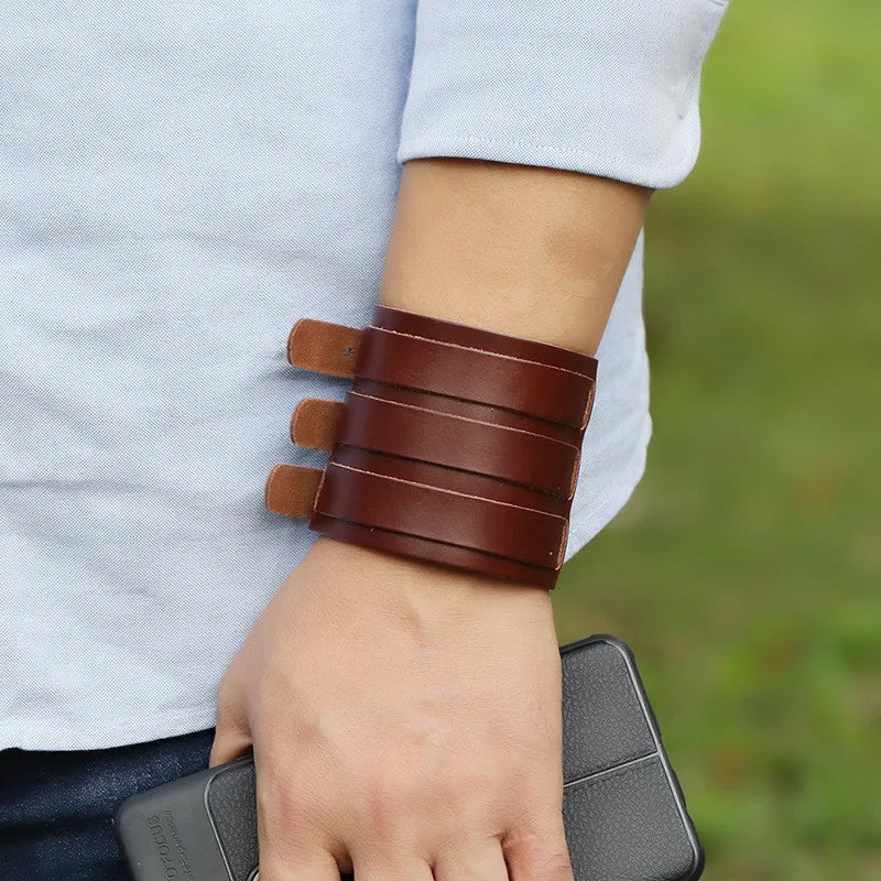 KOTik 2024 New Fashion Genuine Leather Wide Cuff Bangles Punk Vintage Three Layers Wide Black Brown Men Jewelry Bracelets