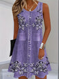 Women's Casual Floral Print Imitation Denim Dress, Blue And White Round Neck Summer Dress, Simple Design Women's Dress