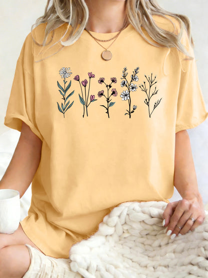 All Kinds Of Beautiful Flowers Printed T-Shirt Women Cotton Loose T Shirts All-Match Summer Clothing Comfortable Y2K Streetwear