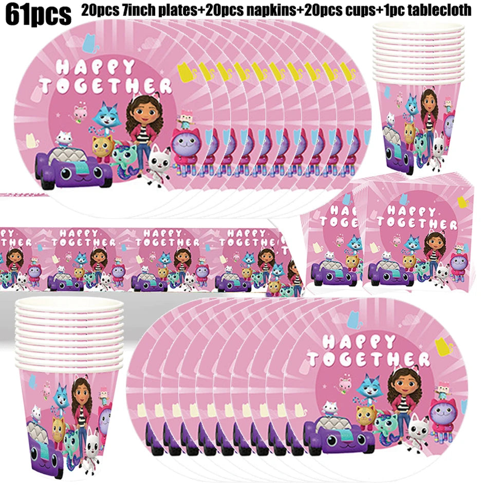 Gabby Dollhouse Birthday Party Supplies Plates Cups Tablecloth Napkins Gabby Cat Birthday Decoration Supply Kit Kids Party Favor