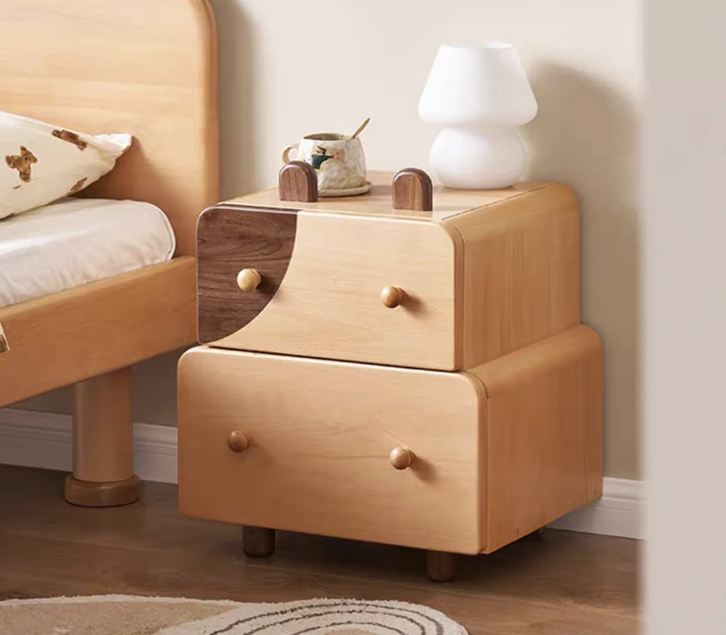 E2022 Beech Wood 2 Drawer Cartoon Kid Bedstand Children Nightstand Boy Bedside Table Girl Night Tables
