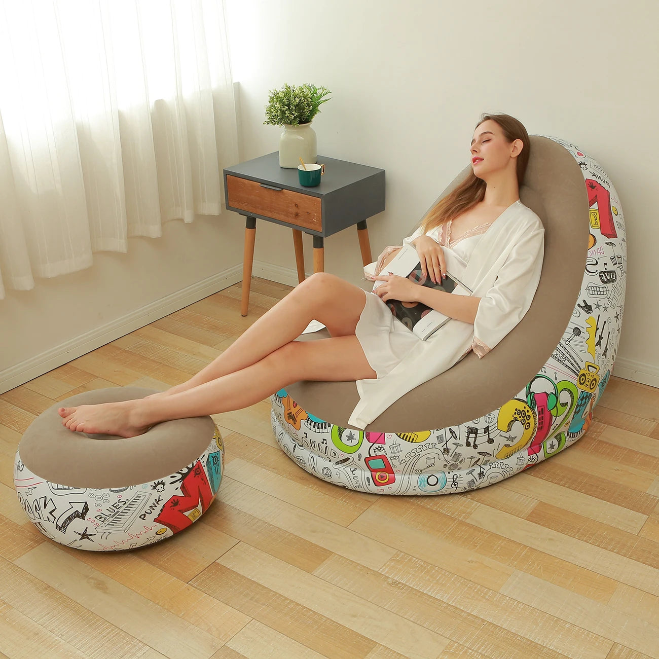 1PC Bean Bag Chair, Foldable Flocking Inflatable Sofa, Outdoor Living Room Ultra Soft Lazy Sofa Couch Bean Bag Chair