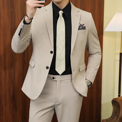 High quality Korean slim fit (suit + trousers) Fashion business handsome casual solid color wedding suit two-piece set