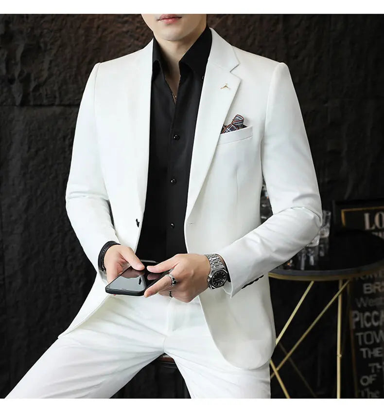 High quality Korean slim fit (suit + trousers) Fashion business handsome casual solid color wedding suit two-piece set