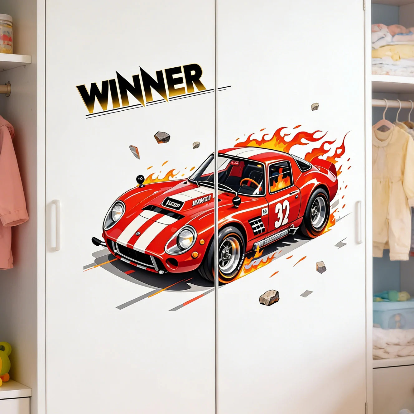 Children's Room Wall Decor Racing Stickers PVC Self-Adhesive Car Decals for Bedroom Closet Door Beautification