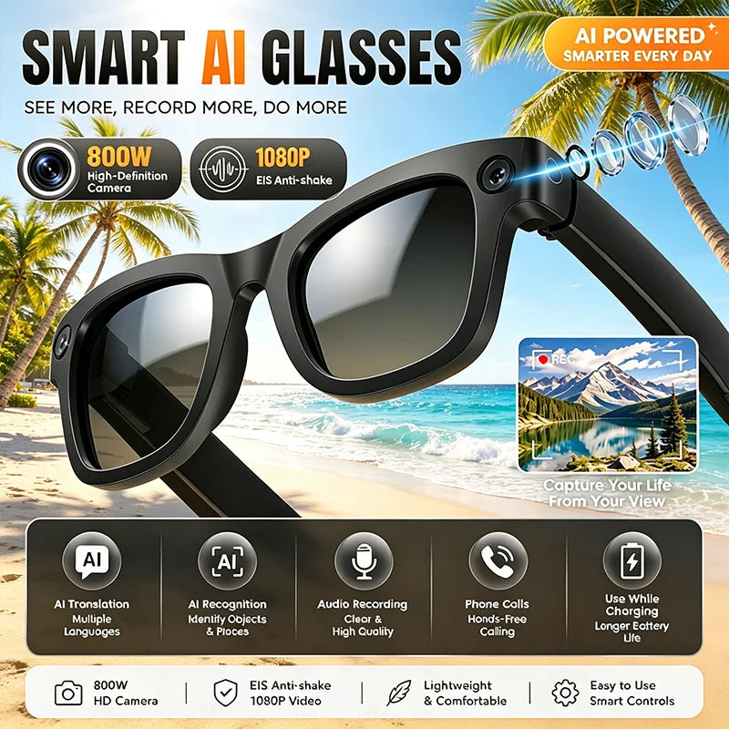 2026 New Smart Glasses 800W HD Camera AI All Things Recognition Recording and Video Calling Real-time Translation Smart Glasses
