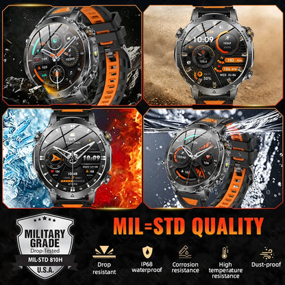 Smartwatch LIGE 2026 wojskowy, bateria 1400mAh, dla mężczyzn, latarka zewnętrzna, wodoodporność IP68, pulsometr, połączenia Bluetooth, bransoletka sportowa