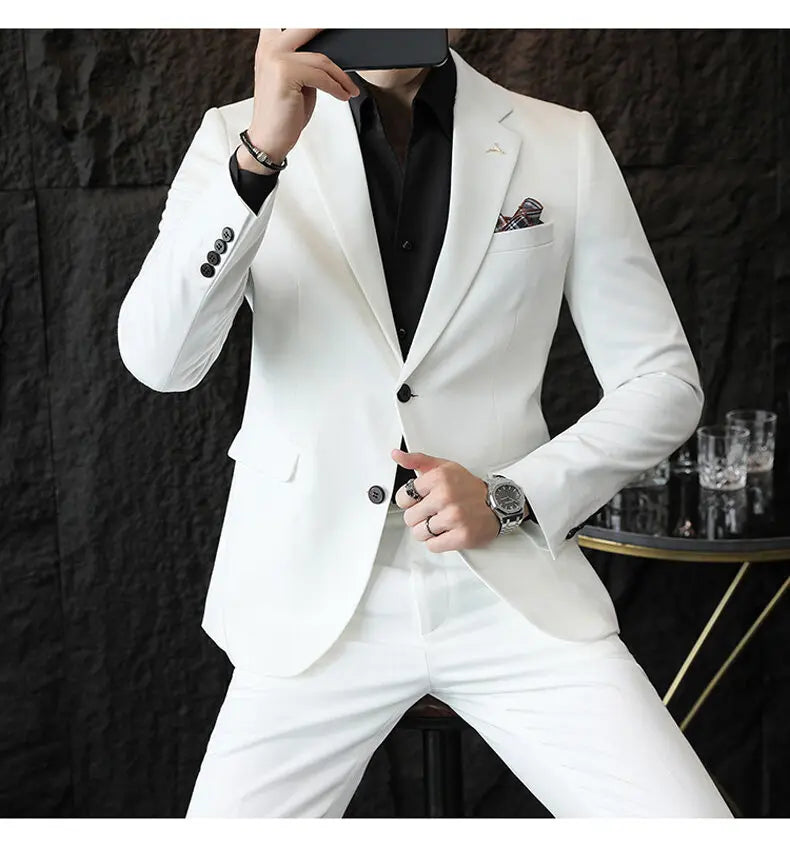 High quality Korean slim fit (suit + trousers) Fashion business handsome casual solid color wedding suit two-piece set
