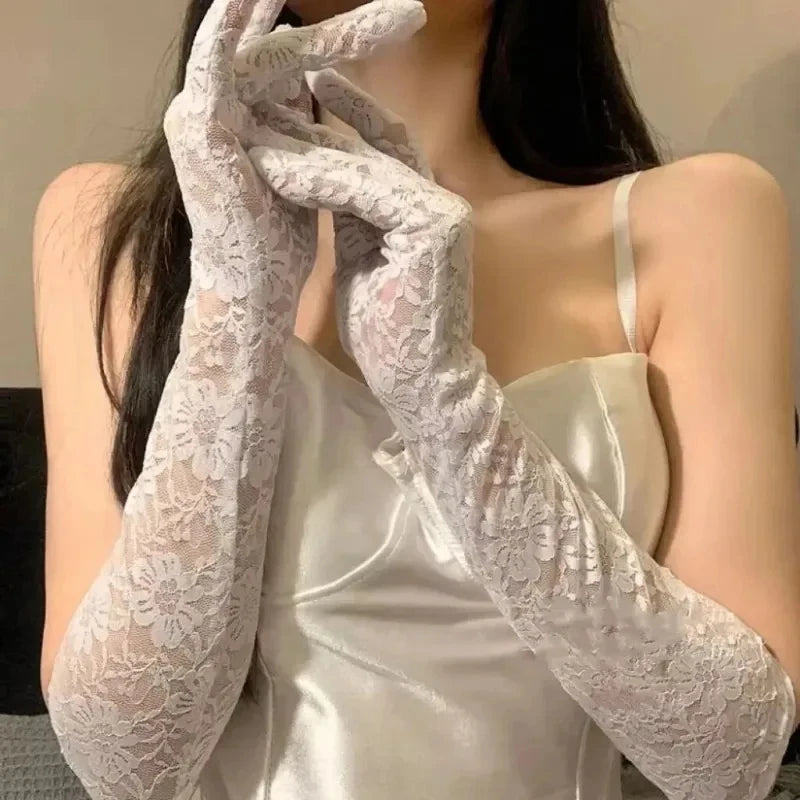Mesh Fishnet Bowknot Long Gloves for Women Lace Ruffle Fingerless Gloves Mittens JK Lolita Kawaii White Gloves UV Protection