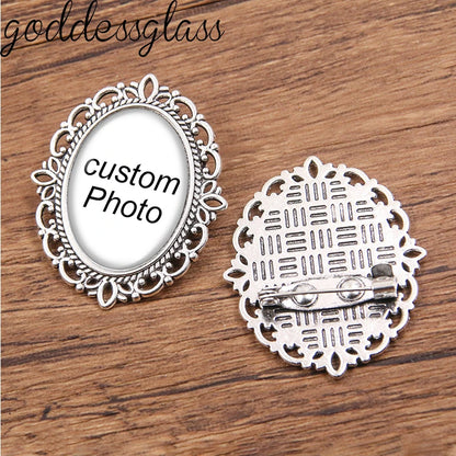 Personalize Custom Retro Oval Brooch Pin Photo Logo Silver plated/Bronze For Family Anniversary Collar 18x25mm Oval  safety Pins