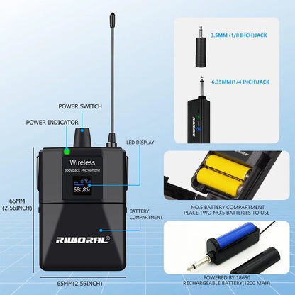 Riwoarl Wireless Transmitter System Professional UHF headset Mic 50M For Party Show Stage Wedding Church