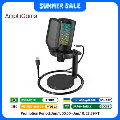 AmpliGame by FIFINE USB Gaming Microphone with RGB,Gain Knob,Touch Mute,Streaming Podcast Condenser Mic for PC,Switch,PS5-A6NEO