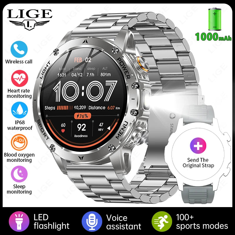 LIGE 2026 New Ultra Military Grade 1000mAh Battery Smart Watch For Men IP68 Waterproof Sports Fitness Bluetooth Call Smartwatch