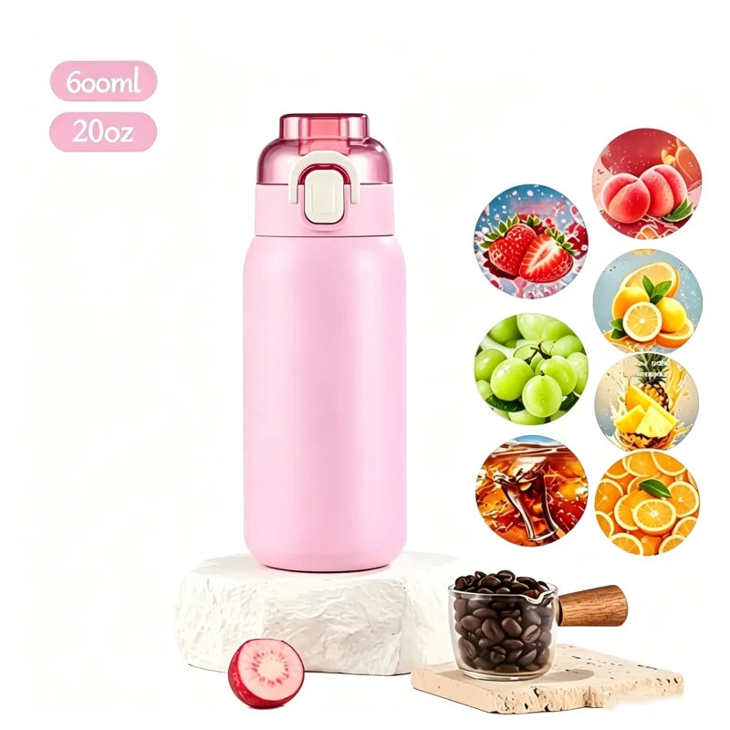 LUSQI 304 Stainless Steel Vacuum Insulated Water Bottle With 7 Flavor Pods 600/800ml Portable Thermos Outdoor Sports Water Cup