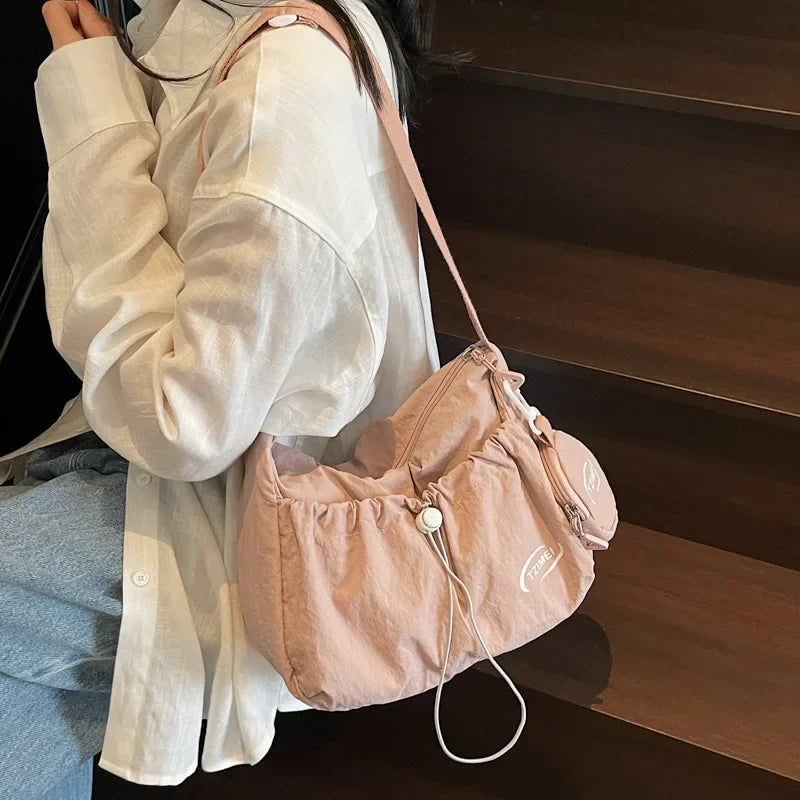 Chic Nylon Crossbody Bag Casual Drawstring Messenger Bag with Detachable Pouch, Adjustable Strap Shoulder Purse for Daily Travel