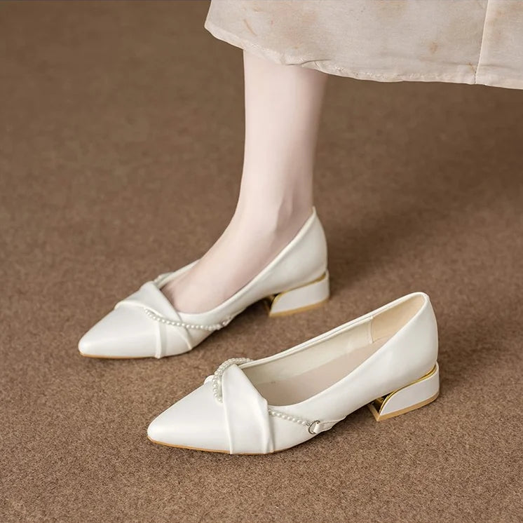 2026New spring and summer large-size elegant white high-heeled shoes for women, with thin heels and pointed toes, slip-on casual