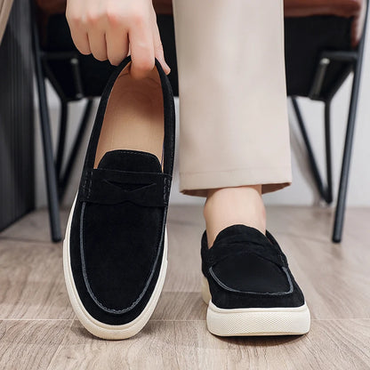 Suede Leather Men Loafers Fashion Comfortable Casual Shoes Breathable Slip on Walking Shoes Platform Lightweight Work Shoes