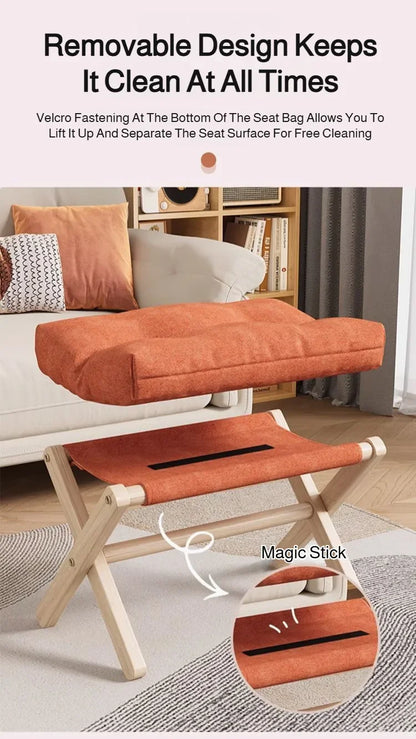 Solid Wood Folding Entryway Stool - Shoe Changing Footstool with Cotton-filled Cushion for Sofa Rest