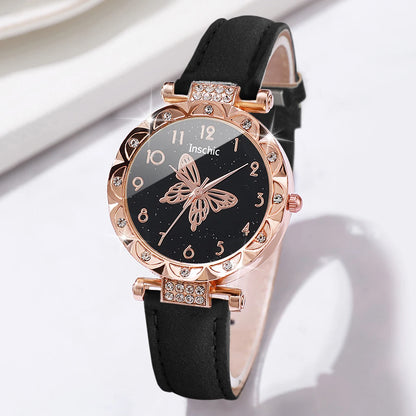6PCS/Set Women's Watch Fashion Rhinestone Leather Band Quartz Watches Butterfly Jewelry Set(Without Box)