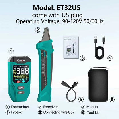 TOOLTOP ET32 Digital Circuit Breaker Finder Neutral/Live Wiring Detect GFCI Outlet Tester US/EU/UK Socket Voltage Measurement