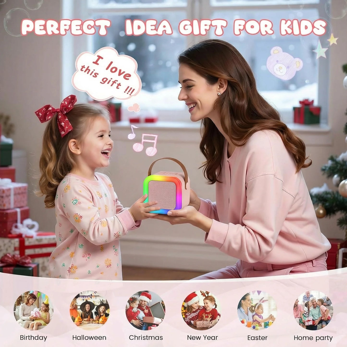 Kids Adult Karaoke Machine Portable Bluetooth Speaker with 2 Microphones RGB Light Voice Changer for Party Gift