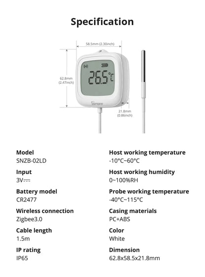 SONOFF SNZB-02LD Zigbee3.0 LCD Smart Thermometer with Probe IP65 Waterproof for Fridge Pool Fish tank Wine Cellar via ZBBridge-P