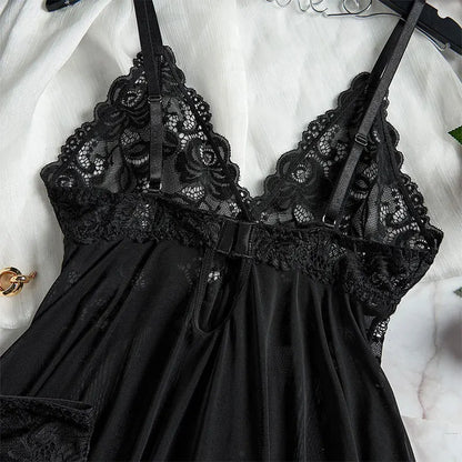 A Set Of Tulle Ultra Sexy Nightgown V-neck Bra Open Sleep Skirt Night Erotic Dress Woman Sheer Pajamas Lingerie Pants Luxury kit