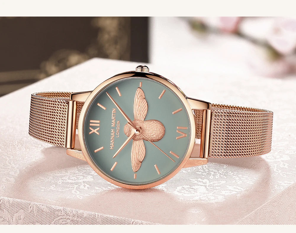 Hannah Martin 2023 New Women Luxury Watch Rose Gold 31mm Classic Casual Girl Dress Watch Bracelet Set 3D Engraved Bee Dial Clock