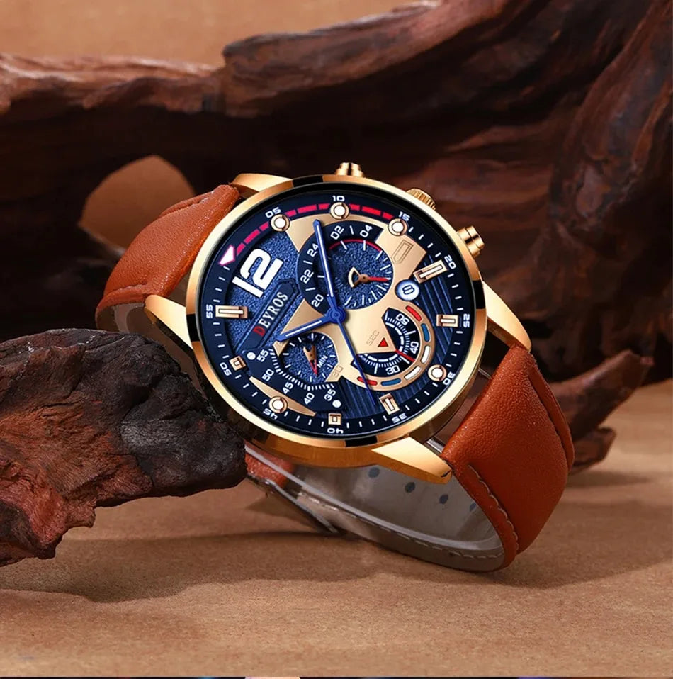 2PCS Set Luxury Brown Mens Quartz Watches Fashion Male Business Casual Wristwatch with Bracelet